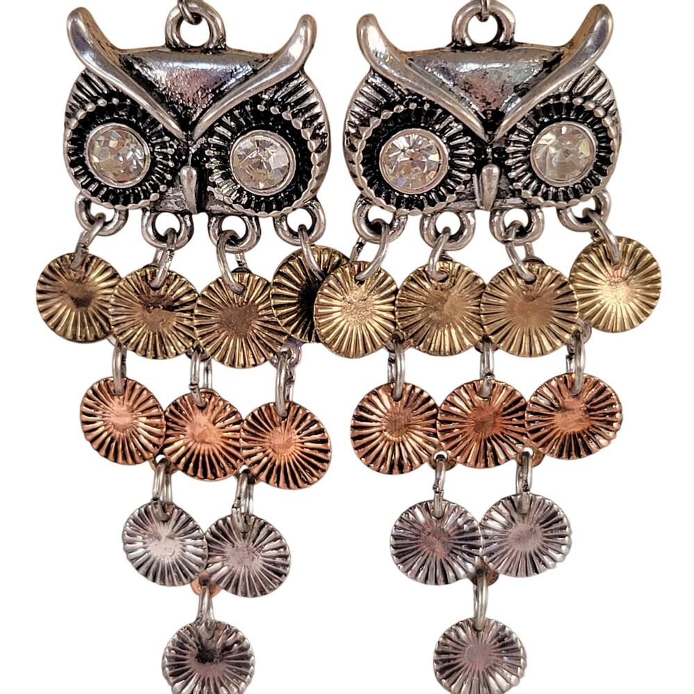 Owl Dangle Earrings Silver Tone w/ Mixed Metal Fringe Pierced Crystal Eyes NWT